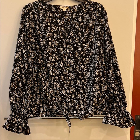 Sandy & Sid Tops - Black Floral Tie-Front Blouse with Ruffle Cuffs
